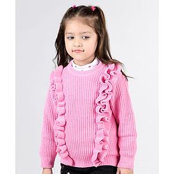 Babyhug Knitted Full Sleeves Pullover Sweater with Frill Detailing -Pink