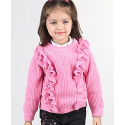 Babyhug Knitted Full Sleeves Pullover Sweater with Frill Detailing -Pink