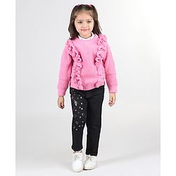 Babyhug Knitted Full Sleeves Pullover Sweater with Frill Detailing -Pink