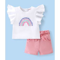 Babyhug Cotton Knit Flutter Sleeves Top & Crinkle Shorts Set With Rainbow Sequins Design - White & Pink