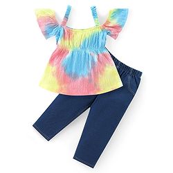 Babyhug Cotton Knit Half Sleeves Cold Shoulder Tie & Dye Top & Pants Set  - Multicolor