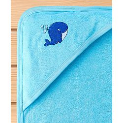 Babyhug Terry Hooded Towel with Whale Patch Detailing L 75 x B 75 cm - Aqua Blue