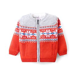 Babyhug Knitted Full Sleeves Front Open Sweater with Floral Design - Red