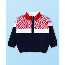 Babyhug Knitted Full Sleeves Front Open High Neck Sweater With Argyle Design - Red & Navy Blue