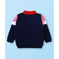 Babyhug Knitted Full Sleeves Front Open High Neck Sweater With Argyle Design - Red & Navy Blue