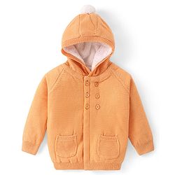 Babyhug Knit Raglan Full Sleeves Solid  Front Open Hooded Sweater- Orange