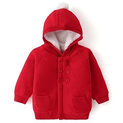 Babyhug Knit Raglan Full Sleeves Solid Front Open Hooded Sweater - Red