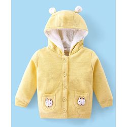 Babyhug Knitted Full Sleeves Hooded Front Open Sweater with Fox Applique - Yellow