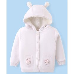 Babyhug Knitted Full Sleeves Hooded Front Open Sweater with Fox Applique - White