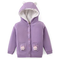 Babyhug Knitted Full Sleeves Hooded Front Open Sweater with Fox Applique - Lavender