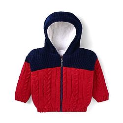 Babyhug Knitted Full Sleeves Front Open Hooded Sweater With Cable Knit Design - Red & Black