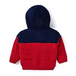 Babyhug Knitted Full Sleeves Front Open Hooded Sweater With Cable Knit Design - Red & Black