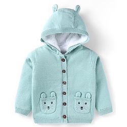 Babyhug Knitted Full Sleeves Front Open Hooded Sweater With Pockets - Light Blue