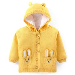 Babyhug Knitted Full Sleeves Hooded Front Open Sweater with Bunny Applique - Yellow