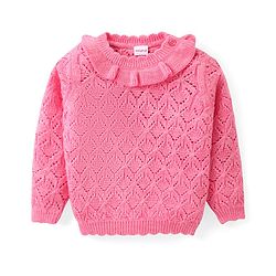 Babyhug Knitted Full Sleeves Pullover Designed Sweater with Frill Detailing - Pink