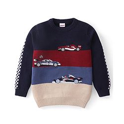 Babyhug Knitted Full Sleeves Pullover Sweater With Colour Block Design & Cars Embroidery - Navy Blue & Red