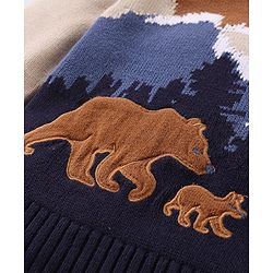 Babyhug Knitted Full Sleeves Pullover Sweater with Scenery Design & Bear Patch - Navy Blue & Cream