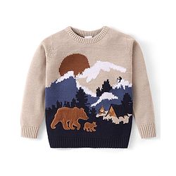 Babyhug Knitted Full Sleeves Pullover Sweater with Scenery Design & Bear Patch - Navy Blue & Cream