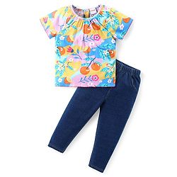 Babyhug Cotton Knit Half Sleeves Top & Jeans Set With Floral Print - Multicolor