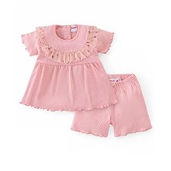 Babyhug Cotton Knit Half Sleeves Top & Shorts Set With Frill Detailing - Pink