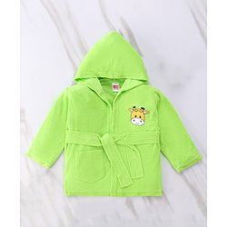 Babyhug Cotton Terry Knit Full Sleeves Hooded Bath Robe with Pocket Cow Embroidery - Green