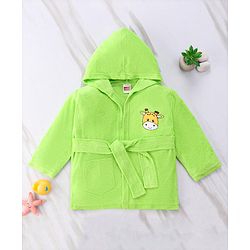Babyhug Cotton Terry Knit Full Sleeves Hooded Bath Robe with Pocket Cow Embroidery - Green