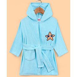 Babyhug  Cotton Terry Knit Full Sleeves Hooded Bath Robe with Pocket Star Fish Embroidery - Blue