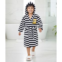 Babyhug Cotton Terry Knit Full Sleeves Striped  Hooded Bath Robe with Car Embroidery - White & Black