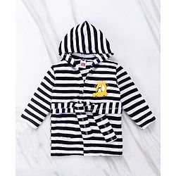Babyhug Cotton Terry Knit Full Sleeves Striped  Hooded Bath Robe with Car Embroidery - White & Black