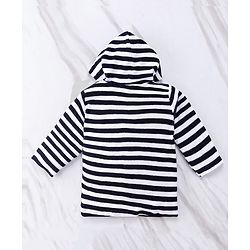 Babyhug Cotton Terry Knit Full Sleeves Striped  Hooded Bath Robe with Car Embroidery - White & Black
