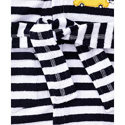 Babyhug Cotton Terry Knit Full Sleeves Striped  Hooded Bath Robe with Car Embroidery - White & Black