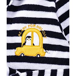 Babyhug Cotton Terry Knit Full Sleeves Striped  Hooded Bath Robe with Car Embroidery - White & Black