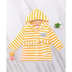 Babyhug Cotton Terry Knit Full Sleeves Striped  Hooded Bath Robe with Teddy Bear Embroidery - Orange
