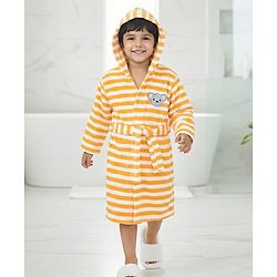 Babyhug Cotton Terry Knit Full Sleeves Striped  Hooded Bath Robe with Teddy Bear Embroidery - Orange