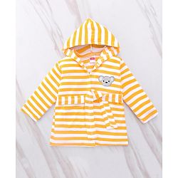 Babyhug Cotton Terry Knit Full Sleeves Striped  Hooded Bath Robe with Teddy Bear Embroidery - Orange