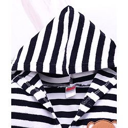 Babyhug Cotton Knit Full Sleeves Striped Hooded Bath Robe With Teddy Patch - Black & White