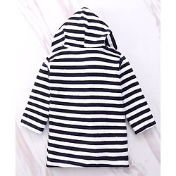 Babyhug Cotton Knit Full Sleeves Striped Hooded Bath Robe With Teddy Patch - Black & White