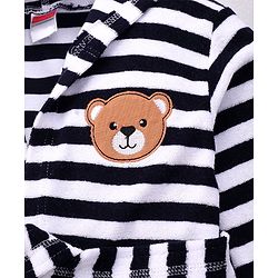 Babyhug Cotton Knit Full Sleeves Striped Hooded Bath Robe With Teddy Patch - Black & White