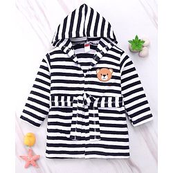 Babyhug Cotton Knit Full Sleeves Striped Hooded Bath Robe With Teddy Patch - Black & White
