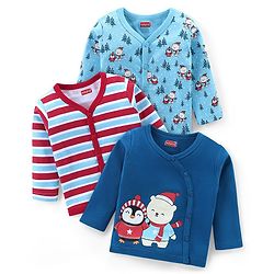 Babyhug Interlock 100% Cotton Knit Full Sleeves Front Open Vests with Bear Penguin & Striped Print Pack of 3 - Blue & Red