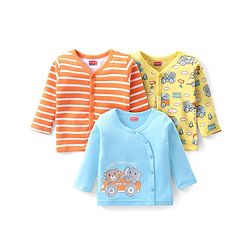 Babyhug 100% Cotton Knit Full Sleeves Front Open Vest Animal Print Pack of 3 - Orange Blue & Yellow