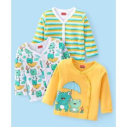 Babyhug 100% Cotton Knit Full Sleeves Front Open Vests with Striped & Frog Print Pack of 3 - Yellow White & Green