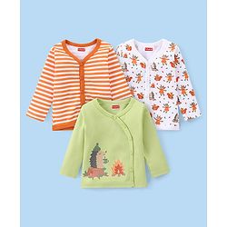 Babyhug 100% Interlock Cotton Knit Full Sleeves Front Open Antibacterial Vests with Stripes & Animal Print Pack of 3 - Orange Green & White