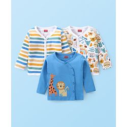 Babyhug Interlock 100% Cotton Knit Full Sleeves Front Open Vests with Animals & Striped Print Pack of 3 - Blue & White