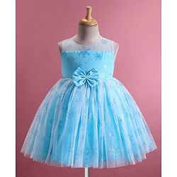 Babyhug Woven  Sleeveless Party Frock with Snowflake Print & Bow Applique - Blue