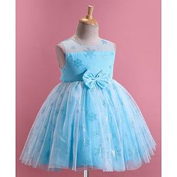 Babyhug Woven  Sleeveless Party Frock with Snowflake Print & Bow Applique - Blue
