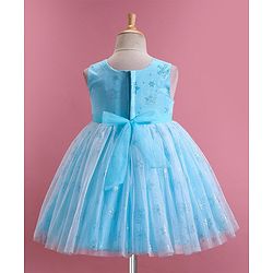 Babyhug Woven  Sleeveless Party Frock with Snowflake Print & Bow Applique - Blue