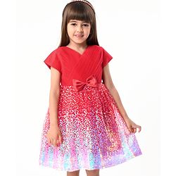 Babyhug Woven Cap Sleeves Fit & Flare Party Frock with Sequinned Detailing & Bow Applique- Red