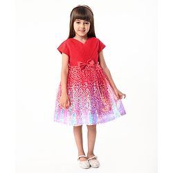 Babyhug Woven Cap Sleeves Fit & Flare Party Frock with Sequinned Detailing & Bow Applique- Red