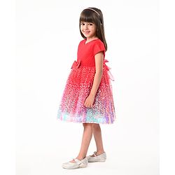 Babyhug Woven Cap Sleeves Fit & Flare Party Frock with Sequinned Detailing & Bow Applique- Red